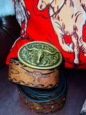 Western Brown Leather Belt with Longhorn Buckle